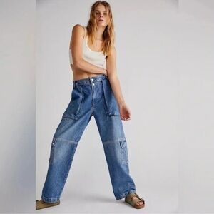 NWT Free People Marx Slouchy Wide-Leg Cargo Jeans Blue 28